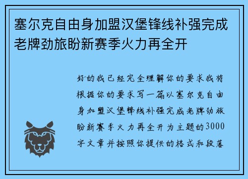 塞尔克自由身加盟汉堡锋线补强完成老牌劲旅盼新赛季火力再全开